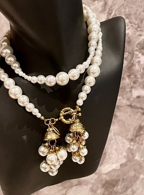 中古vintage复古高级感珍珠流苏项链个性大气毛衣链珍珠锁骨链女