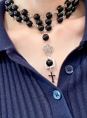 三层黑色水晶串珠锁骨链十字架吊坠项链轻奢小众choker颈链配饰女
