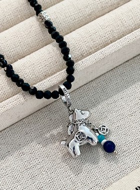 小众黑色水晶串珠木马流苏吊坠毛衣链潮流冷淡风钱币小马长款项链