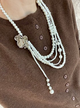 vintage银色金属花瓣水晶毛衣链气质多层珍珠叠戴项链女锁骨链潮