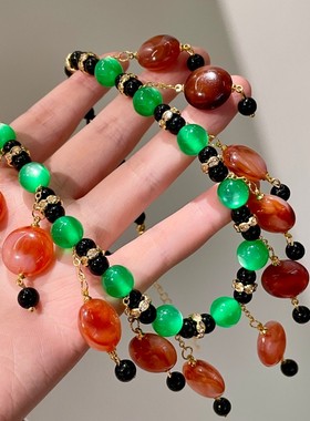 中古vintage波西米亚民族风水晶串珠颈链绿色猫眼石项链女锁骨链