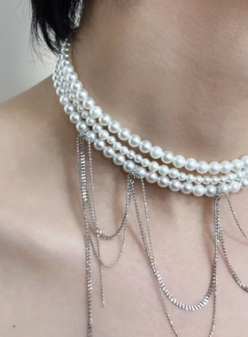 时尚欧美风珍珠流苏多层锁骨链法式气质三层串珠choker项链女颈链