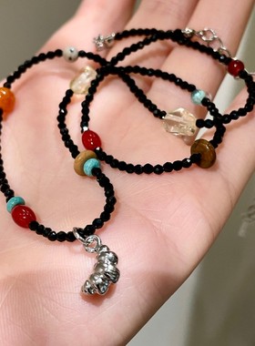 超细黑色水晶串珠项链复古个性彩色可叠戴天然石颈链牛角包锁骨链