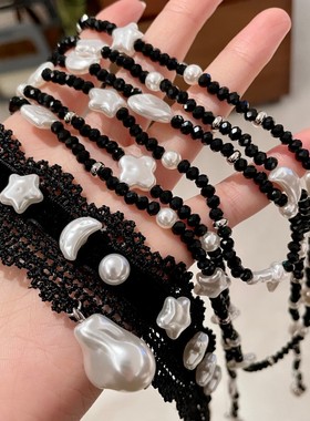 黑色蕾丝珍珠月亮星星颈链choker女长款多层叠戴不规则珍珠毛衣链