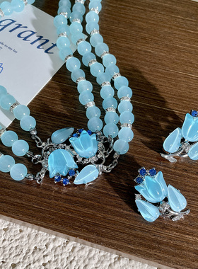 淡蓝色月光铃兰花耳环蓝水晶天然石郁金香花朵项链多层锁骨链颈链