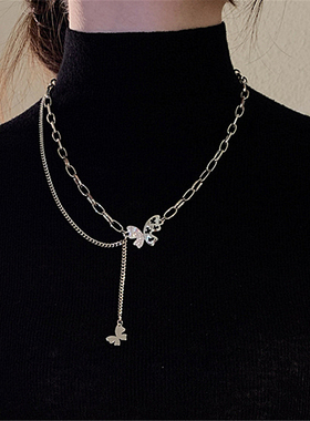 微镶锆石蝴蝶毛衣链长款女新款潮秋冬锁骨链配饰百搭小众设计项链