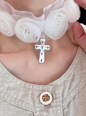 浪漫白色玫瑰花蕾丝颈带choker网纱高级轻奢十字架颈带项链choker