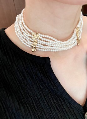 复古金属花瓣串珠叠戴颈链中古气质多层珍珠项链轻奢颈链choker女