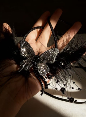 新款个性黑色闪钻羽毛蝴蝶造型颈链耳环套装法式黑礼服配饰品项链