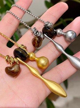 小众设计雾面金属葫芦水滴吊坠长款项链爱心水晶串珠毛衣链配饰女