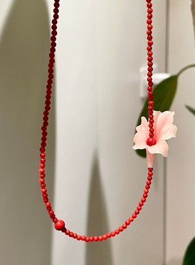 气质红色系花朵项复古假日氛围感颈链天然石水晶串珠喇叭花锁骨链