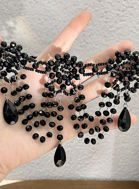 华丽重工流苏项链哥特编织黑色水晶串珠颈链小众锁骨链复古choker