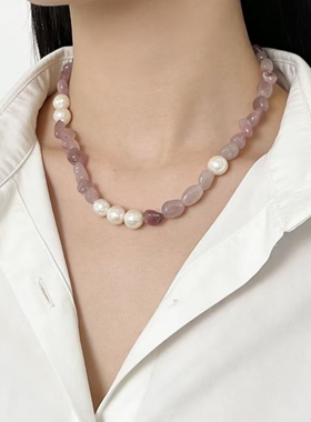 气质粉红色天然石淡水珍珠串珠项链女高级感草莓晶锁骨链毛衣链潮