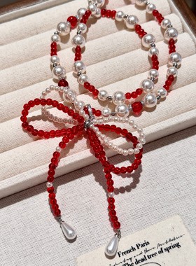 一链多戴！红色水晶珍珠项链蝴蝶结串珠项链choker少女锁骨链颈链