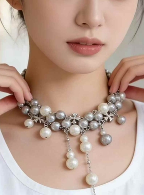 赫本风大小珍珠拼接流苏项链中古高级感串珠十字颈链轻奢毛衣链女
