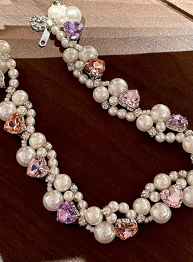 复古奢华vintage马卡龙彩色爱心珍珠项链女锁骨链轻奢choker颈链