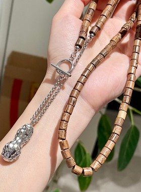 小众复古银色花生吊坠OT扣毛衣链木质圆形串珠项链高级感服饰配饰