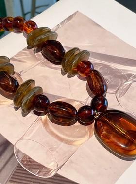 中古vintage复古琥珀色几何不规则串珠项链美拉德亚克力毛衣链女