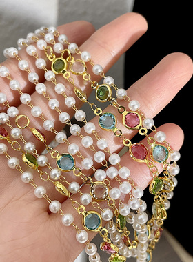 复古多层珍珠彩色水晶拼接毛衣链国风层次项链气质中古vintage女