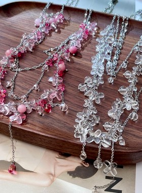 超仙波光粼粼红色天然石流苏项链轻奢显白百搭抽拉锁骨链多层颈链