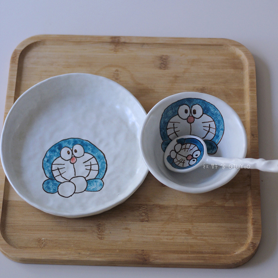 秋野家景德镇手绘釉下彩陶瓷餐具 卡通机器猫菜盘米饭碗可爱日式,淘宝优惠券,粉丝福利购,淘宝优惠卷