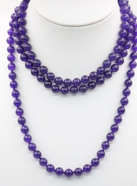 油菜花紫晶玉髓圆珠女长款项链玉