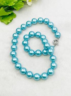 8 10 14mm天蓝色圆珠珍珠贝珠项链 手工串特色毛衣链送女友礼物