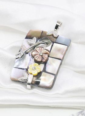 方形格仔拼接镶花天然贝壳吊坠