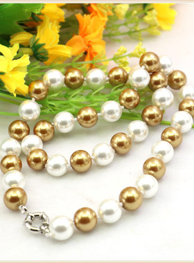 油菜花珍珠圆珠女白棕双色项链无