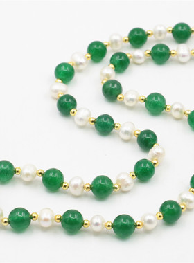 油菜花玉髓珍珠圆珠女翡翠绿项链