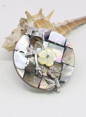 圆形格仔拼接镶花天然贝壳吊坠