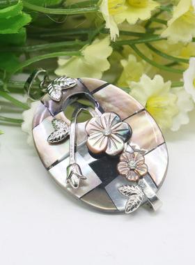 30X40mm椭圆形格仔拼接镶花天然贝壳吊坠 国风怀古毛衣挂饰跨境
