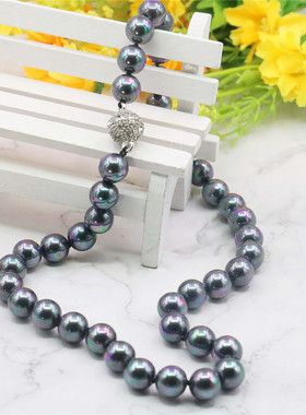 10mm圆珠天然黑彩贝珍珠项链 贝珠项饰DIY手工串珠配水晶磁扣礼物