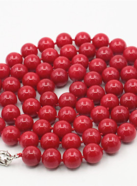 油菜花玻璃珍珠圆珠女大红色项链