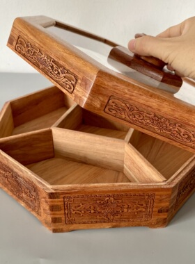 缅甸花梨果盘复古雕花中式干果盒零食糖果盒客厅茶几收纳盒摆件