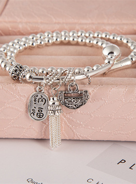 新款网红直播同款仿银手链泰银猫多圈银珠时尚民族风手串礼物