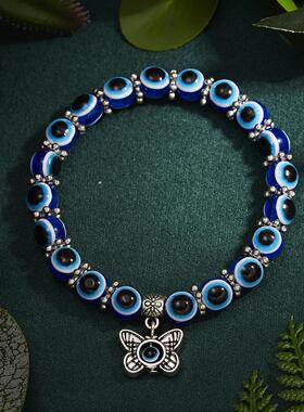 跨境热卖时尚蝴蝶手链乌龟蓝眼睛串珠动物吊坠弹性手链实力批发