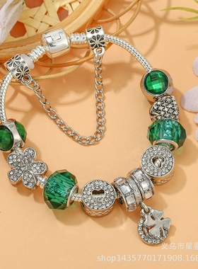 四叶草和马蹄铁魅力手链女DIY绿色水晶和爱心串珠合金手链批发