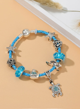 欧洲魅力女士皮革手链 DIY蓝色水晶乌龟吊坠手链 海洋风格手饰