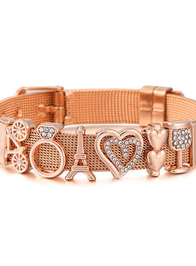 新款不锈钢手表链式手链 DIY10mm镂空镶钻爱心皇冠手链