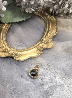 日本海外vintage中古天然乌金石镶嵌金色吊坠项链孤品
