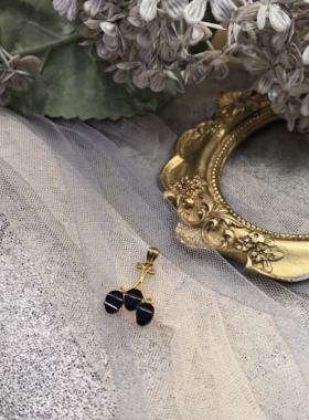 日本海外vintage中古简约款天然石玛瑙黑色樱桃吊坠孤品