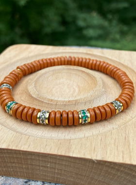 复古老钱风橄榄核直切药片珠搭配微镶彩钻单圈手串中式手环手链