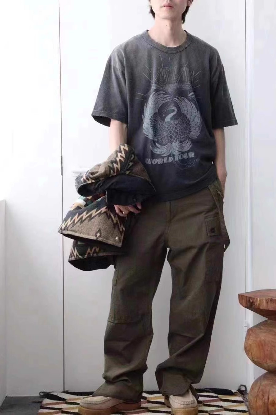 温酒 visvim kofu 23AW JUMBO CRASH WORLD TOUR做旧蜡染仙鹤短袖-图2