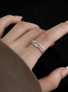 925镀银猪鼻子双层戒指女2024年新款小众设计开口戒高级素圈食指