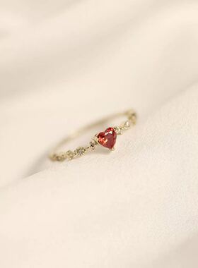 925银时尚日系爱心红石戒指女生简约心形开口指环优雅小清新