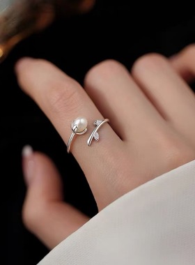 925纯银天然珍珠戒指轻奢食指戒女素圈小众高级感开口戒