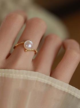 法式925银珍珠竹节戒指2025新款小众设计高级感开口可调节指环