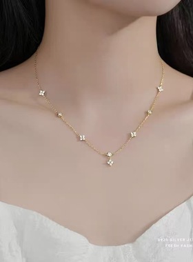 925镀银项链轻奢小众四叶草项链女款高级感锁骨链长款流苏颈链女