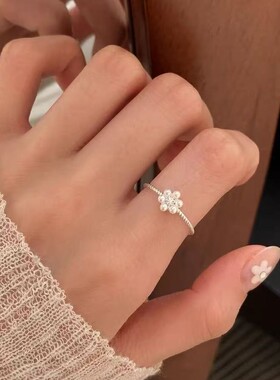 925纯银花朵珍珠戒指小众女素圈开口戒轻奢高级感食指戒